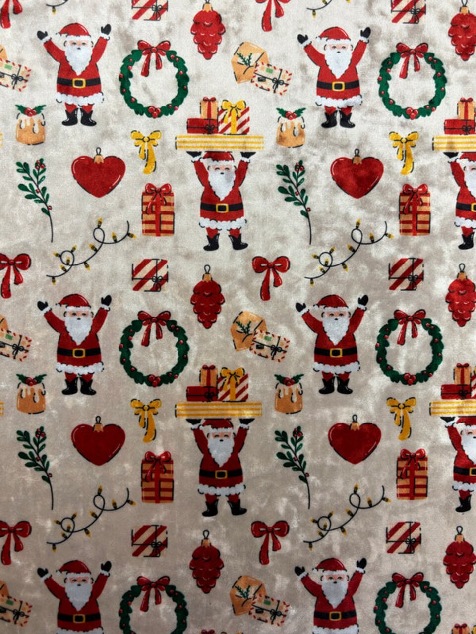 1 Yard 4-Way Stretch Jolly Santa Printed Crushed Velvet Fabric Multipurpose
